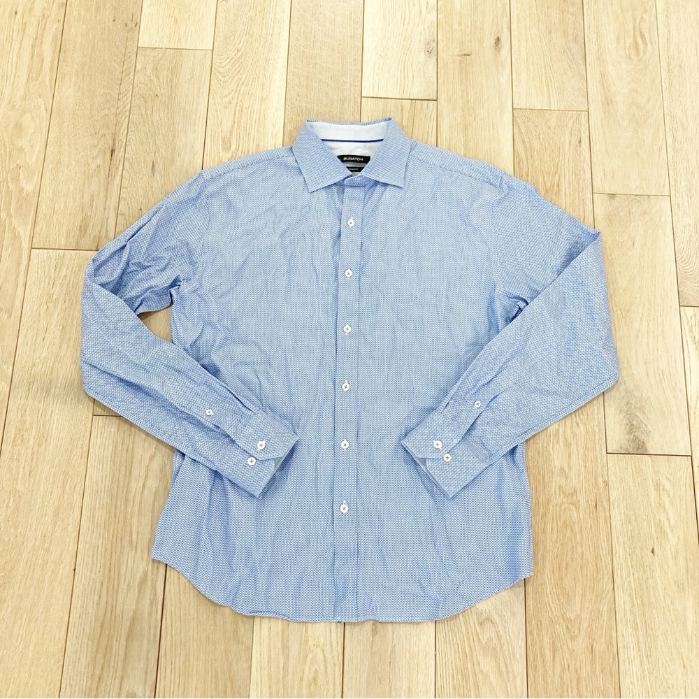 Bugatchi Blue Dress Shirt with Pointed Collar and Buttoned Cuffs
